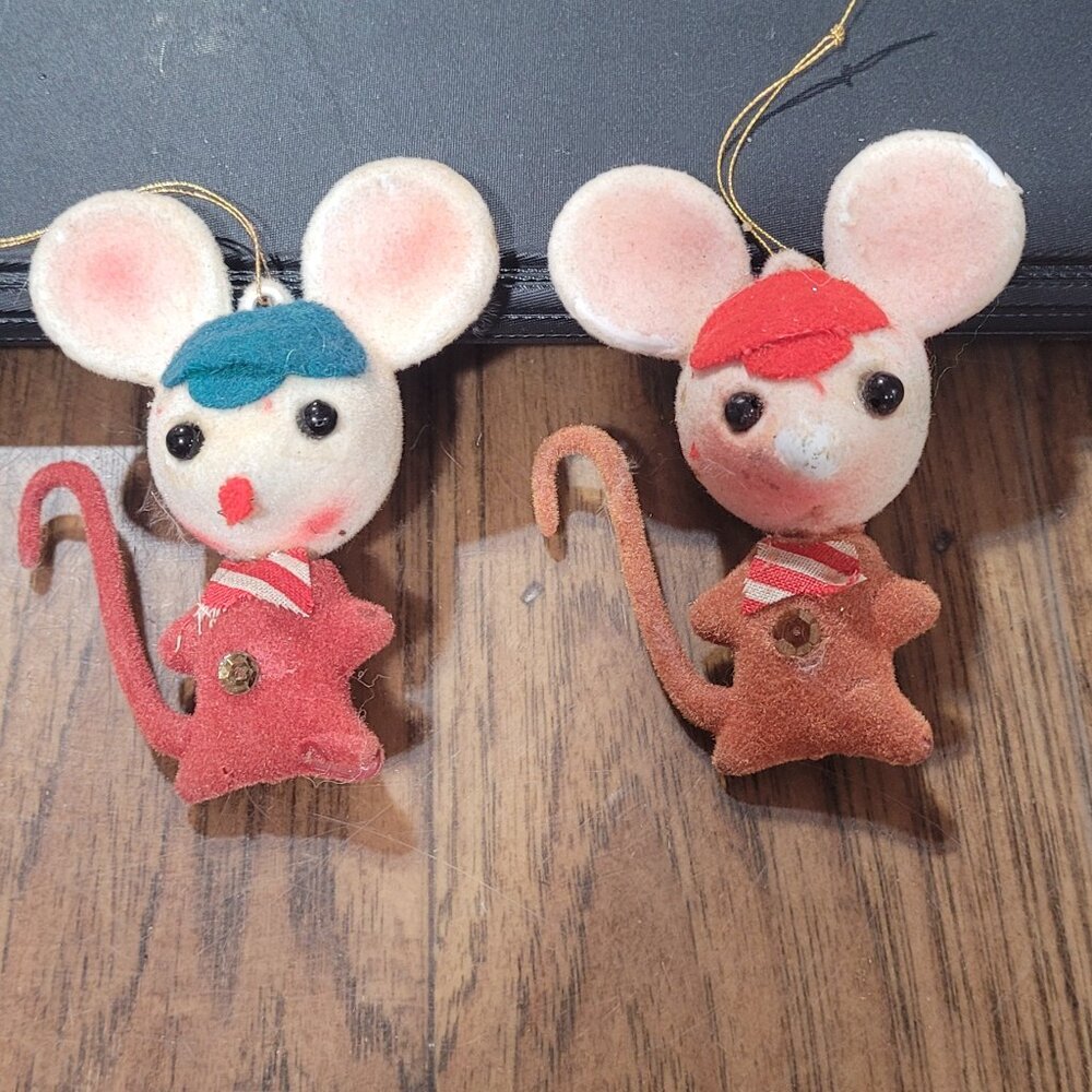 2 Vtg Flocked Blow Mold Mouse Ornaments